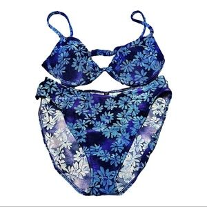Leilani Tropical Floral 2PC Swimsuit Blue Mid Rise Bikini & Bra Resort Swimwear